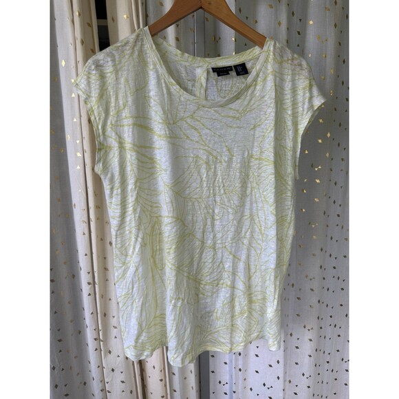 Tahari 100% Linen Hawaiian Inspired Tropical Leaves Graphic Back Botton Shirt M - Picture 2 of 7